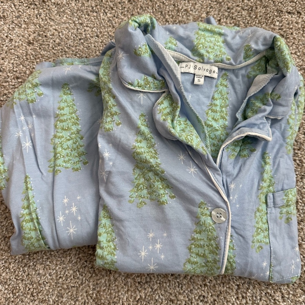 PJ Salvage Light Blue Pajama Set with Green Tree Design